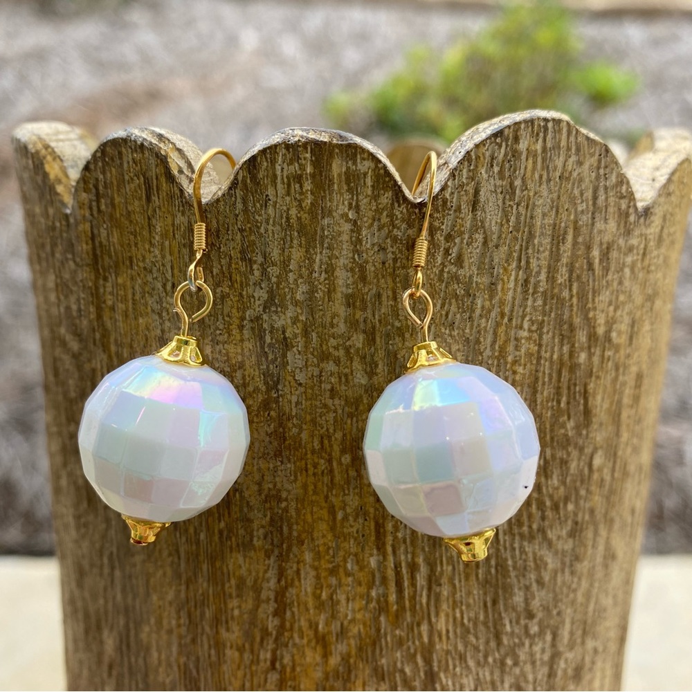 Handmade White Disco Ball Jumbo Bead Drop Earrings